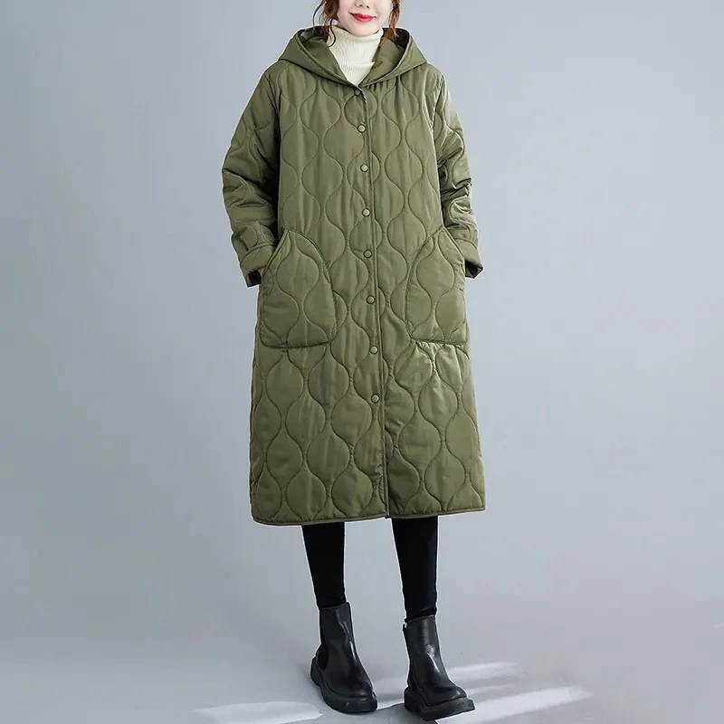 Warm Loose Hooded Parkas Coat Female New Autumn Winter Women Vintage Green Cotton Coat Mid-Length Thick Cotton-Padded Jacket