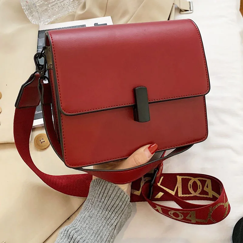 

Women Brand Bag 2020 Leather Shoulder Bags Wide Strap Flap Square Crossbody Bag For Women Solid Color Luxury Female Handbag