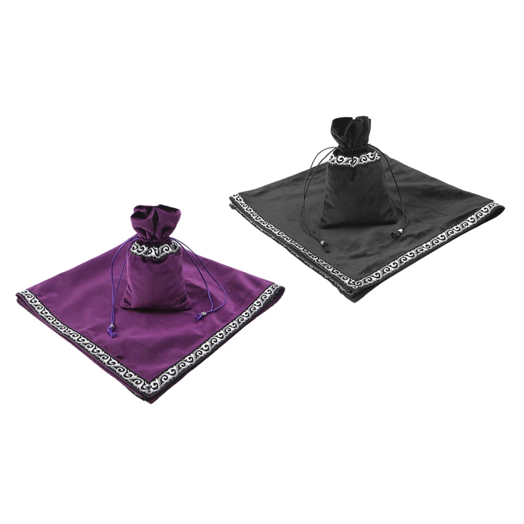 2 Colors Altar Tarot Table Cloth, 26 x 26 inches Divination Wicca Velvet Cloth with Tarot Pouch, Purple and Black