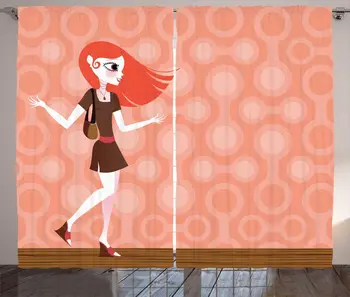 

Blush Caramel Cartoon Curtains Cartoonish Young Girl Retro Clothes Geometric Rounded Background Living Room Window Drapes
