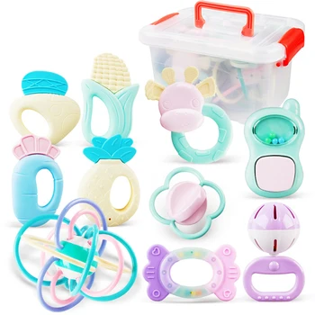 

Boilable Plastic Non Toxic Assortment Grasping With Box Educational Gift Jingle Infant Newborn Teether Baby Rattle Toy Set
