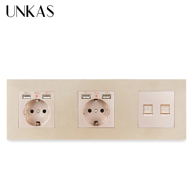 Пластиковая панель UNKAS двойная розетка европейского стандарта 4 USB порта для