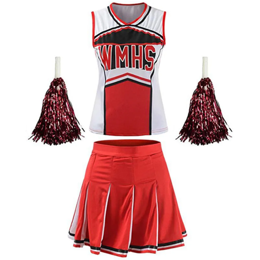 Adult XL/XXL RED BLUE Cheerleader Uniform Top Skirt Socks 42-44/34-37" Cosplay