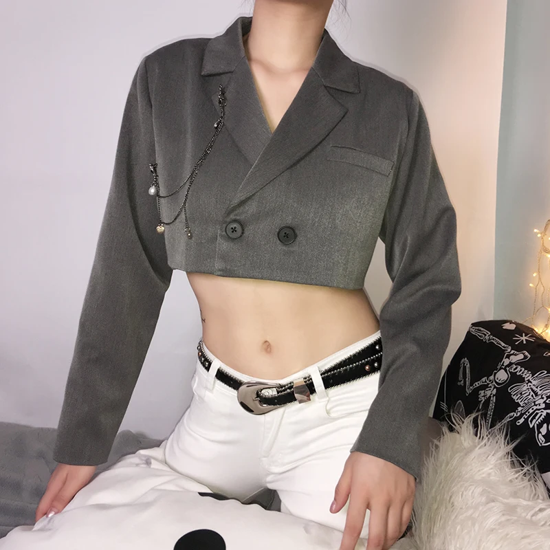 Iamhotty Женский блейзер на молнии Мода повседневный костюм куртка с длинным рукавом с v-образным вырезом короткая верхняя одежда