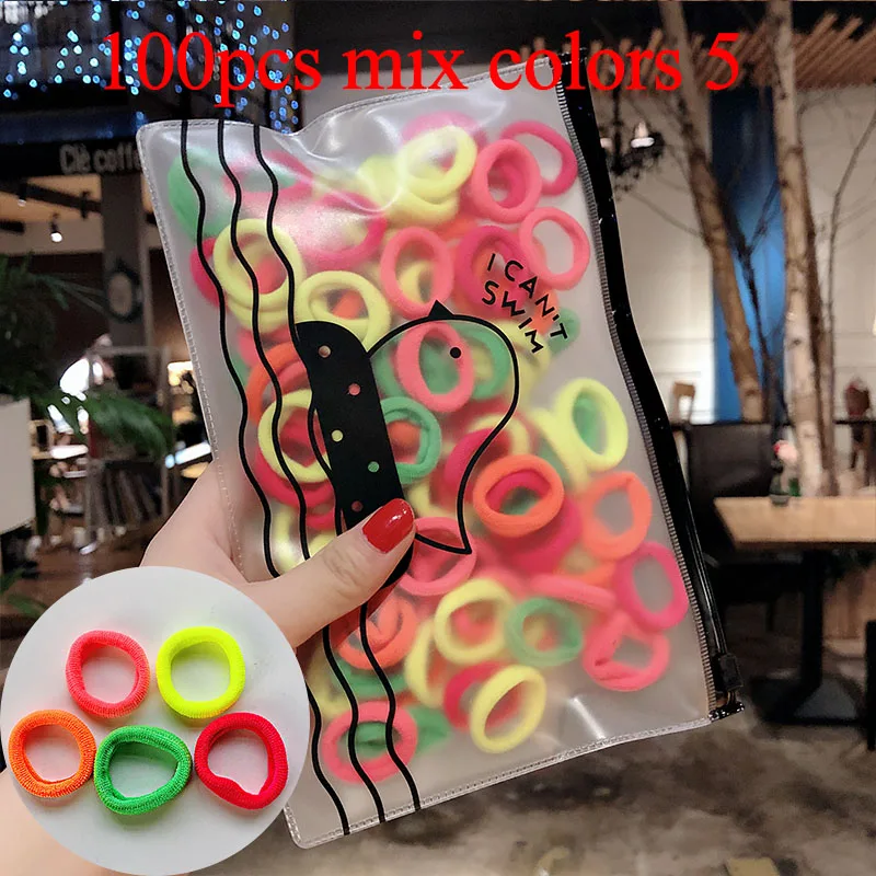 100pcs mix colors 5 50/100 шт./компл. и девочек цветной зарядный кабель в нейлоновый оплетке с небольшой резинки для волос Дети хвост держатель резиновые резинки для волос аксессуары - Цвет: 100pcs mix colors 5