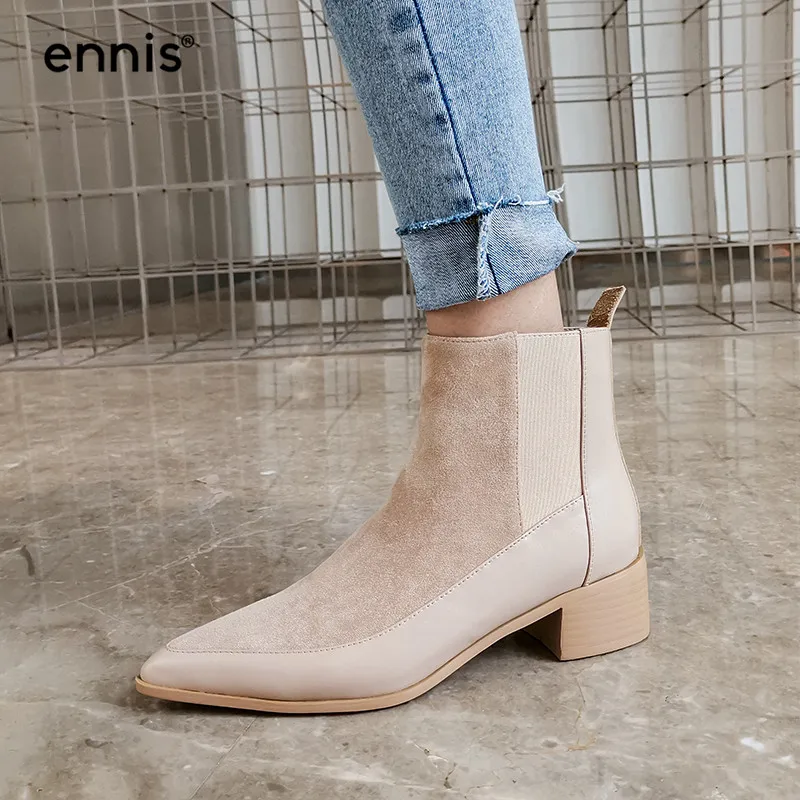 

ENNIS Brand Ladies Winter Boots Genuine Leather Women Square Heel Ankle Boots Pointed Toe Black Autumn Shoes High Fashion A9185