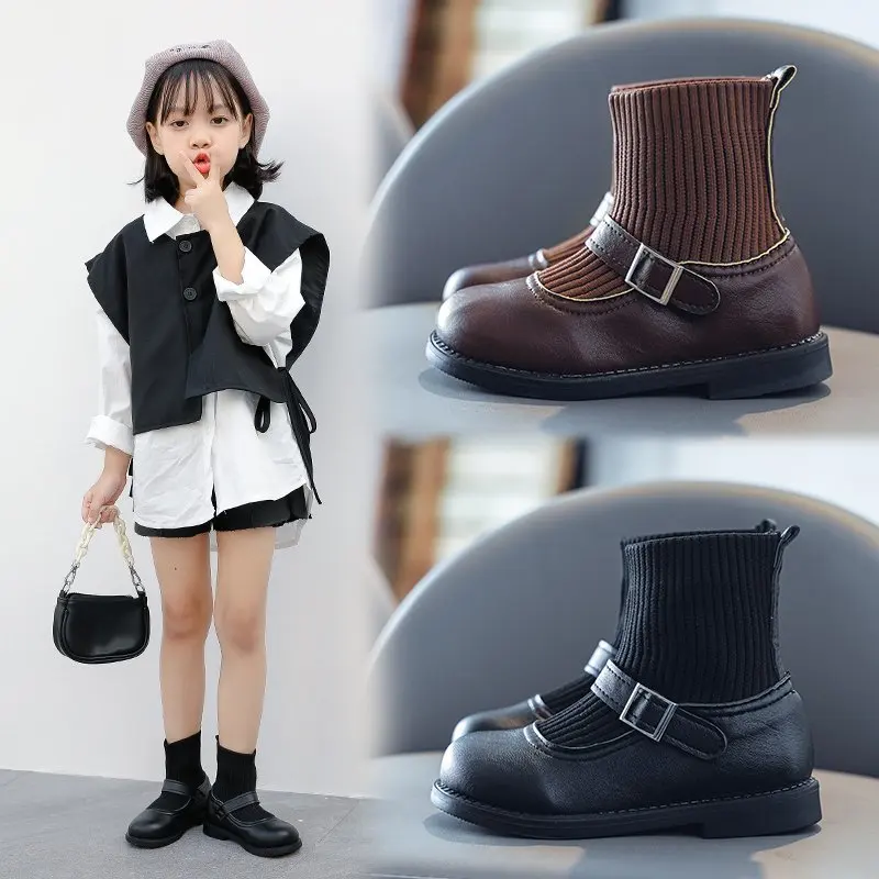 Boots Girls Winter Autumn Spring Fashion Vintage Children Warm Wide Plush Pu leather Mesh Boots Toddler Kids Princess Shoes Girl