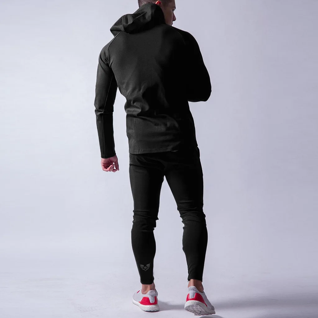 Весенне-осенняя мужская облегающая Черная Спортивная одежда Мужская спортивная одежда для фитнеса и бега модная Толстовка+ спортивные штаны на шнурке