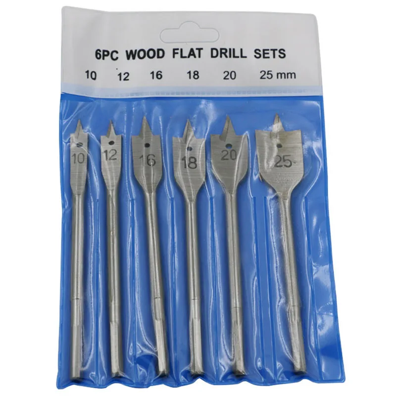 

6pc Wood Flat Drill Sets 10mm 12mm 16mm 18mm 20mm 25mm Paddle Flat Wood Boring Drill Bit Set Power Tools With Hex Shank