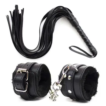 44cm PU Leather Erotic Handcuffs Ankle Cuff Restraints With Whip BDSM Bondage Slave Sex Toys For Couple Adult Game Flogger 3