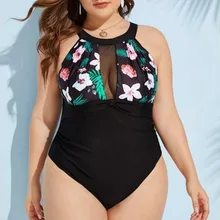 Цельный купальник плюс размер 4XL цветочный принт бикини цельный купальник женский Блестящий купальник mujer