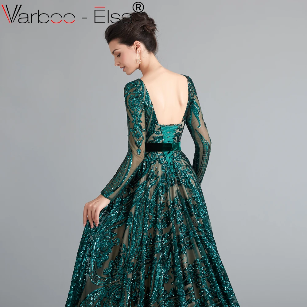 VARBOO_ELSA green Robe De Soiree Длинные вечерние платья с длинными рукавами и поясом, торжественное платье с блестками, женские вечерние платья