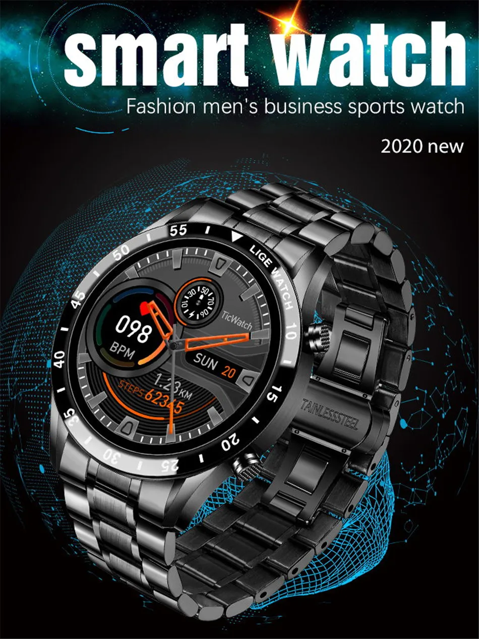 LIGE New Luxury Steel Band Bluetooth Call Smart Watch Men For Android iOS Phone Waterproof Sports Fitness Tracker Smartwatch