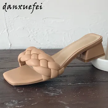

Women's great pu leather Braided ankle strap thick heel sandals open toe elegant ladies med heel comfortable summer casual shoes