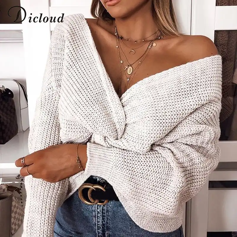 twisted front knit long sleeve sweater