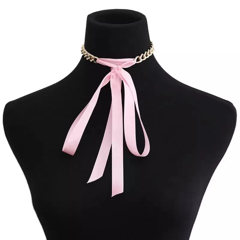pink Тяжелая металлическая цепочка, лента, свободный узел, ожерелье, Европейская и американская атмосфера, модная сексуальная цепочка, чокер, воротник, костяная цепь - Окраска металла: pink