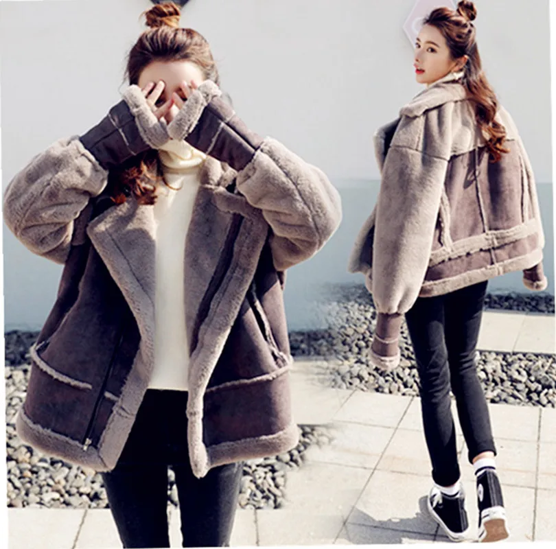 

2019 Winter Style South Korea Thick Fur Imitation Suede Motorcycle Jacket Women's Loose-Fit BF Lambs Wool Overcoat Fashion
