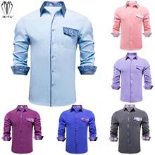 

Hi-Tie Casual Mens Shirts Long Sleeve Slim Fit Stitched Patchwork Shirt For Men Black Pink Purple Sky Blue Navy Red Coffee Gift