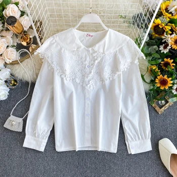 

Women's Long Sleeve Shirt Lace Panel Large Lapel Korean Loose Tops Long Sleeve Casual Blouse Harajuku Blusas Mujer De Moda K974