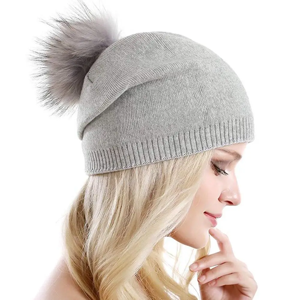 Женская вязаная шерстяная теплая Шапка-бини, зимняя вязаная эластичная кашемировая шапка с помпонами, шапка, головной убор s - Цвет: Gray