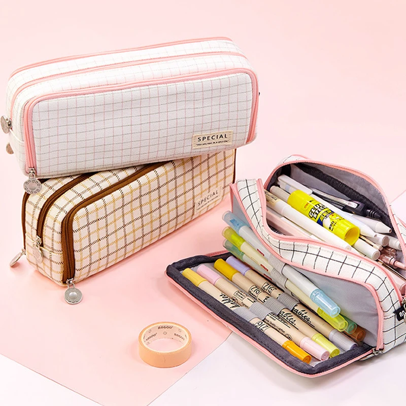 Cute Grid Pencil Case Kawaii Canvas Pencil Case Bag For Students Large Capacity Stationery Pouch Creative School Supplies New