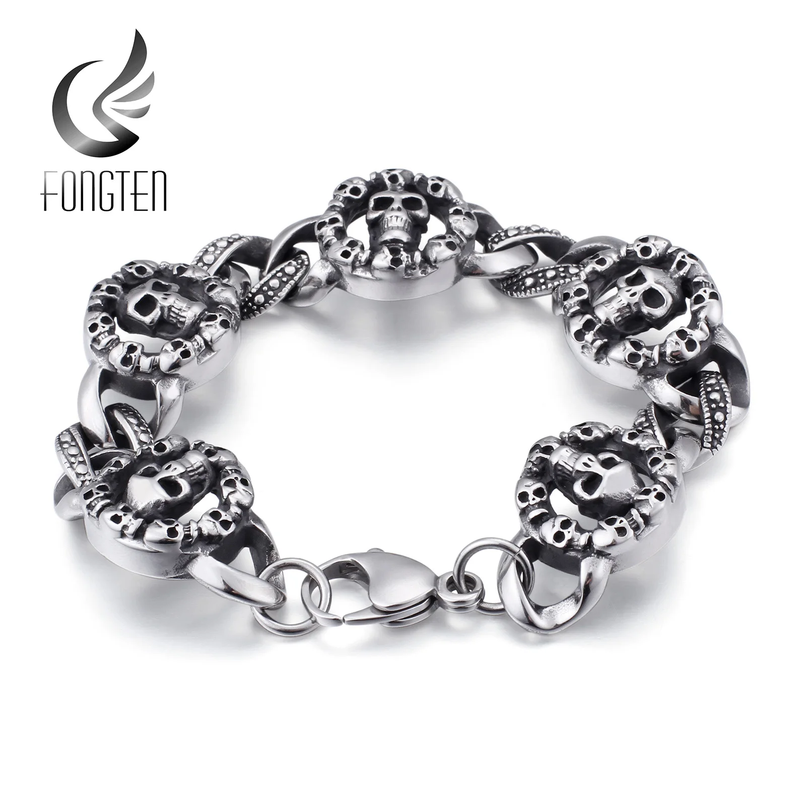 Fongten череп голова Круглый браслет для мужчин нержавеющая сталь Винтаж серебро золото Готический Ретро панцирная цепь мужские s браслеты ювелирные изделия
