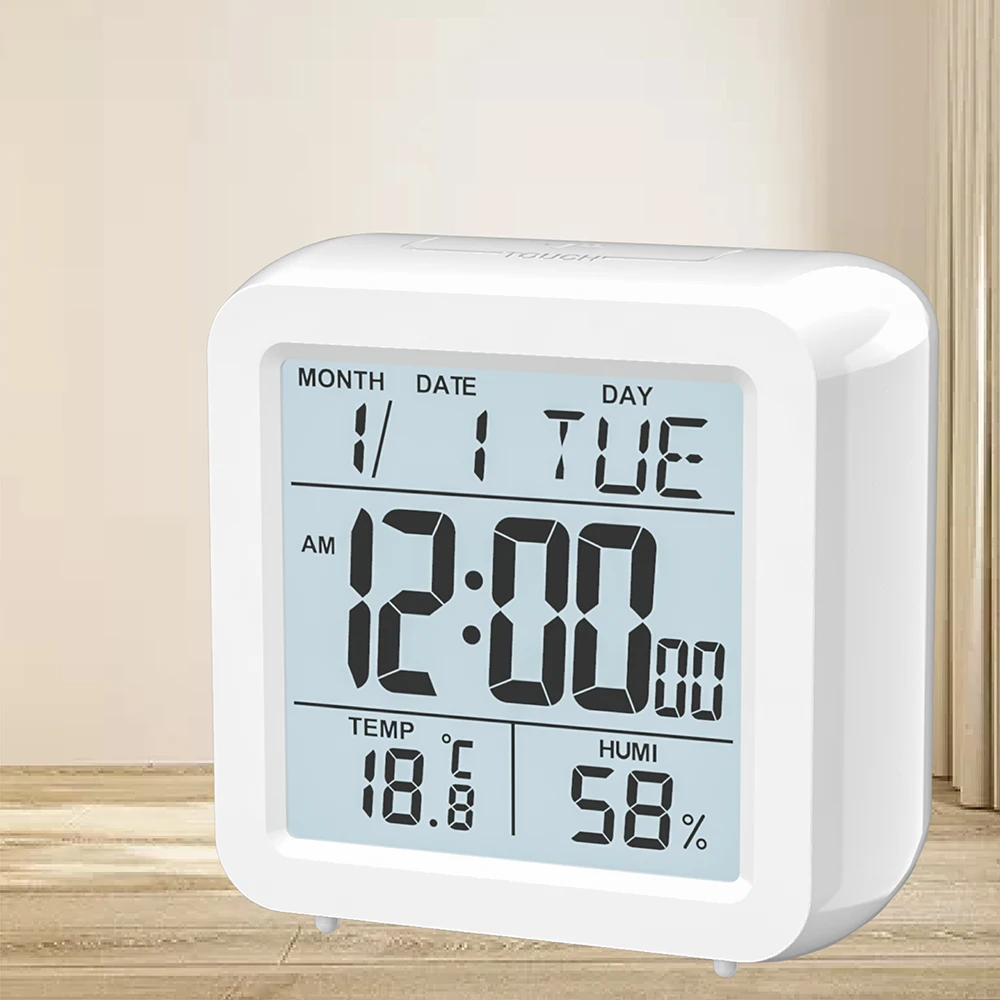 

Digital desktop LCD Snooze Alarm clock kids bedside wake up with backlight & Thermometer & Hygrometer for home office
