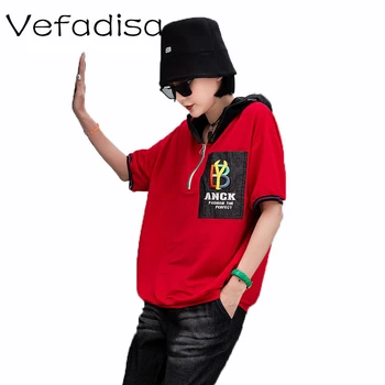 

Vefadisa 2020 Summer Women Red Hooded Loose Casual Short Sleeve T Shirt Letter Personality T Shirt Black White ZXF015