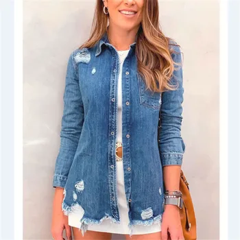

Autumn New Solid Turn-Down Collar Jean Jacket For Women Loose Casual Blue Fashionable Women Coats Female Denim Hole Outwear Tops