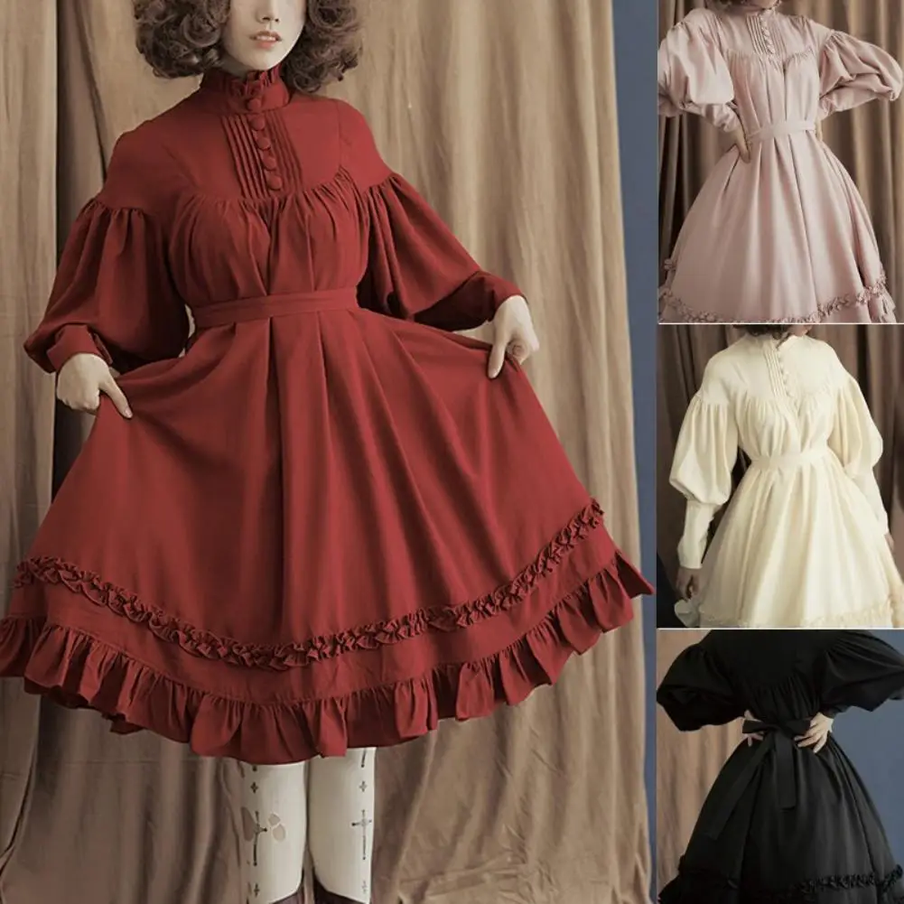 

Women Solid Color O Neck Long Puff Sleeve Buttons Large Swing Midi Lolita Dress