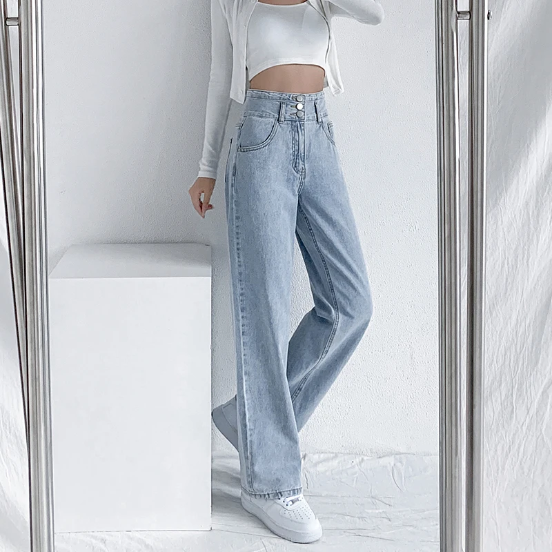 Blue Vintage Women Jeans High Waist Straight Cotton Loose Wide Leg Denim Pants 90s Aesthetic Urban  Fashion Baggy Streetwear ksubi jeans