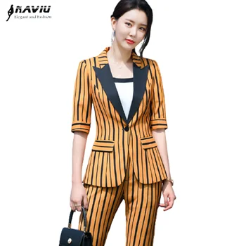 

Fashion Women Suit Summer Half Sleeve Stripe Blazers Pants Office Lady Formal Work Clothes Woman Two Piece Set
