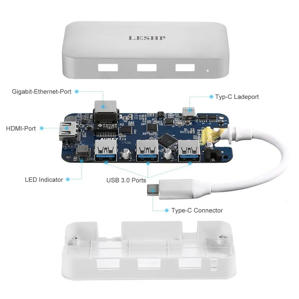 LESHP алюминиевый белый тип-c к USB-3.0 3 портовый концентратор RJ45 гигабитный HDMI 4 к PD зарядка цифровой AV конвертер адаптер