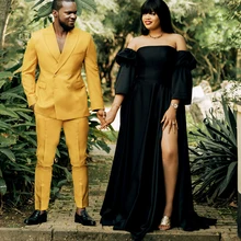 YiMinpwp – robe de soirée noire, à manches longues, épaules dénudées, longueur au sol, fendue sur le côté, tenue de bal formelle, de célébrité, 3/4 