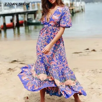 

2020 BOHO V neck Crane Floral Print Dress Holiday Women Tassel Flare Sleeve Lace up Strappy Waist Floor Length Long Dresses Blue