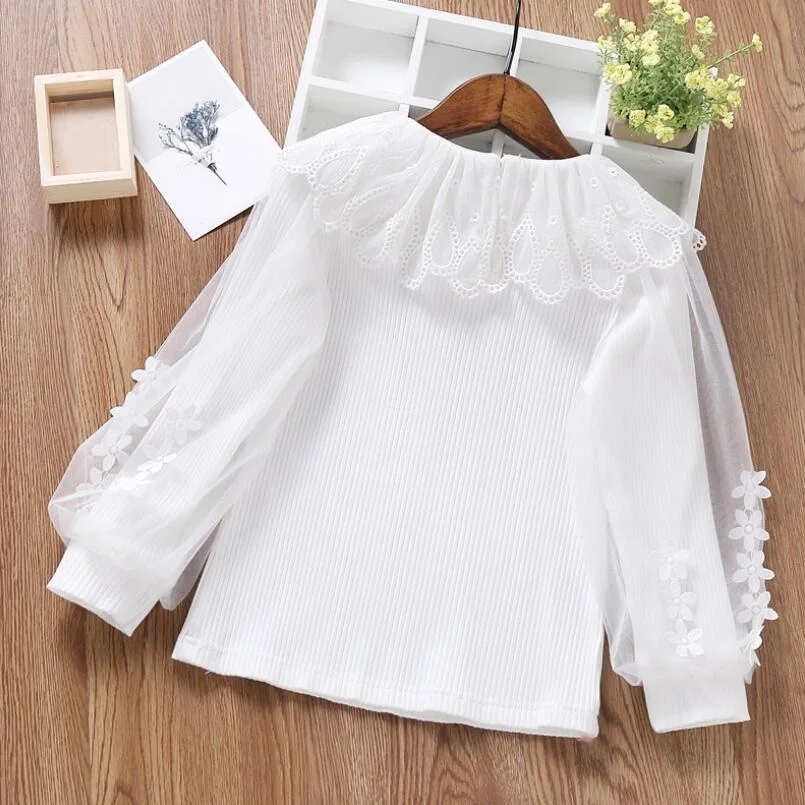 Kids Shirts Autumn Cotton Baby Toddler Teen Princess School Girls Blouse Lace Puff Long Sleeve