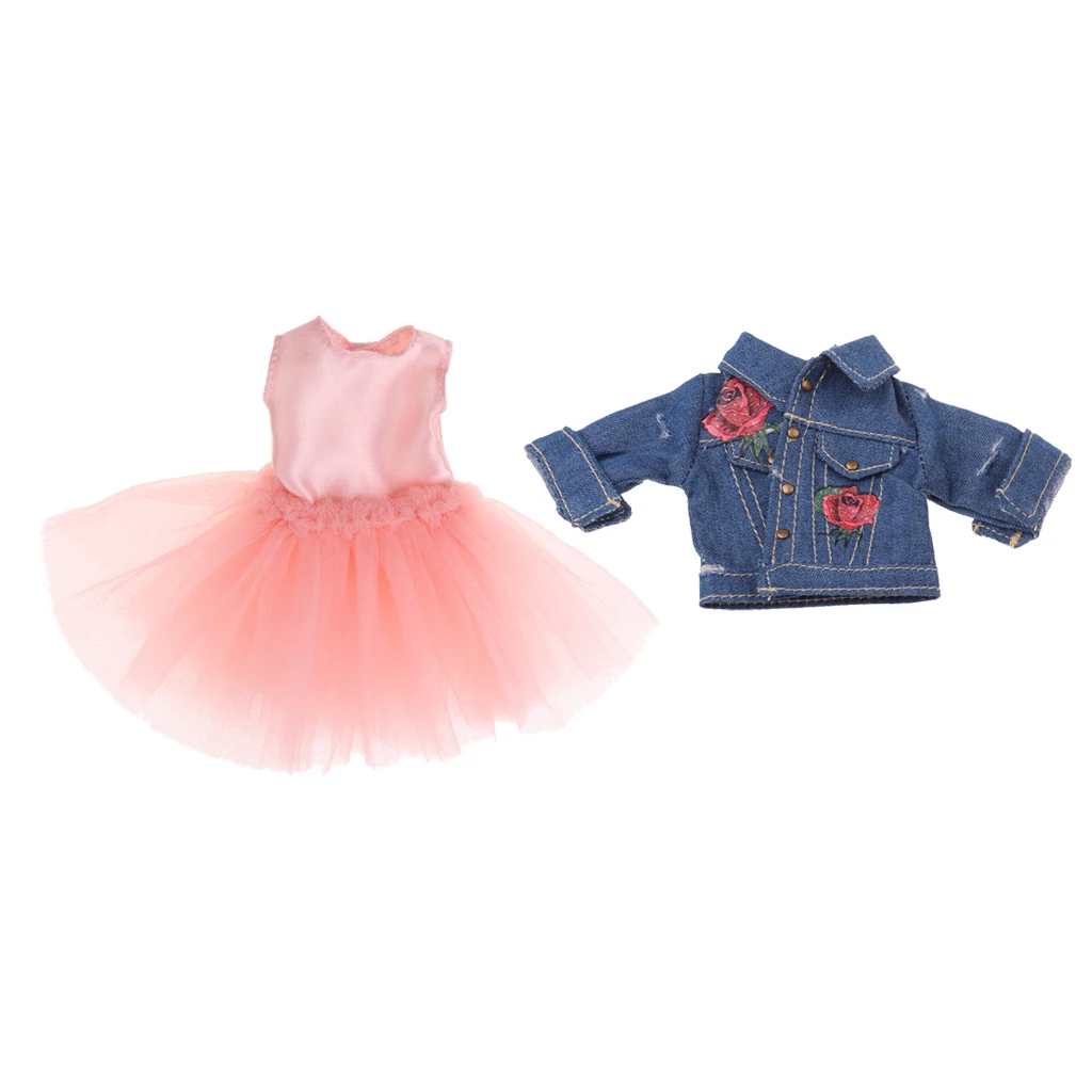 Adorable 4-Layers Gauzy Dress Jeans Jacket Outfit for 12inch Blythe Azone 1/6 BJD Dollfie Dolls Clothes Accessories Pink