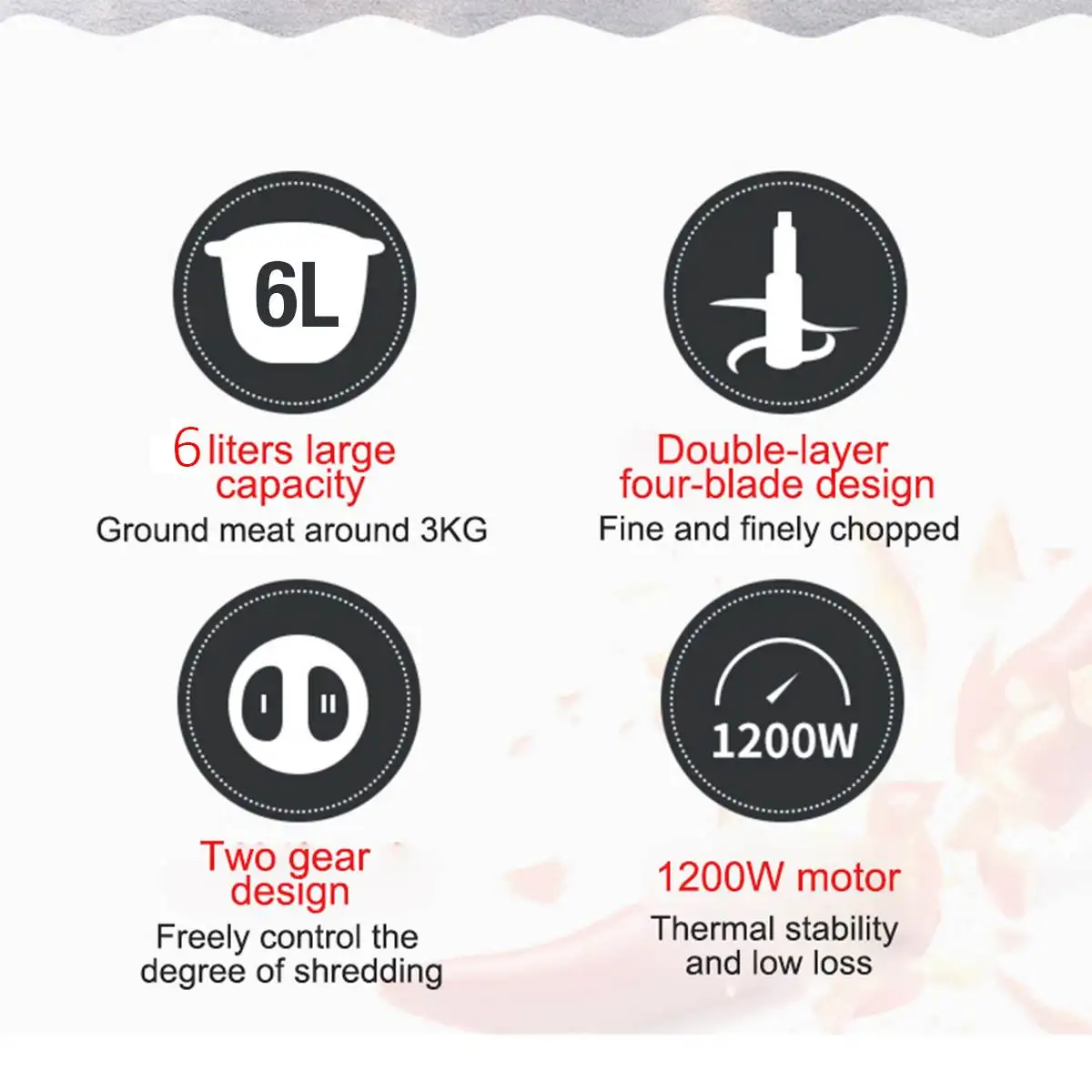 Electric Meat Grinder 1800W 6Liter Stainless Steel Chopper 2 Speeds 4 Blades Automatic Food Mixer