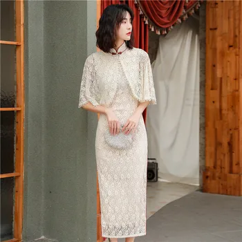 

Women Long High Split Cheongsam Sexy Lace White Half Sleeve Big Size Qipao Vestidso Mandarin Collar Elegant Chinese Dress 3XL