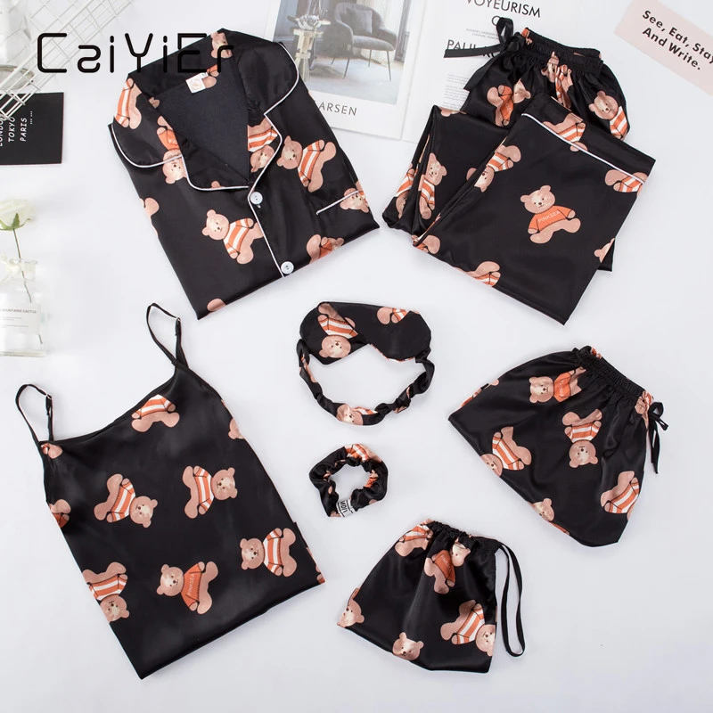 

CAIYIER New 2020 Cute Bear Women Pajams Set Silk Stain 7 Pieces Sleepwear Sexy Sling Lounge Summer Autumn Nightwear Home Wear