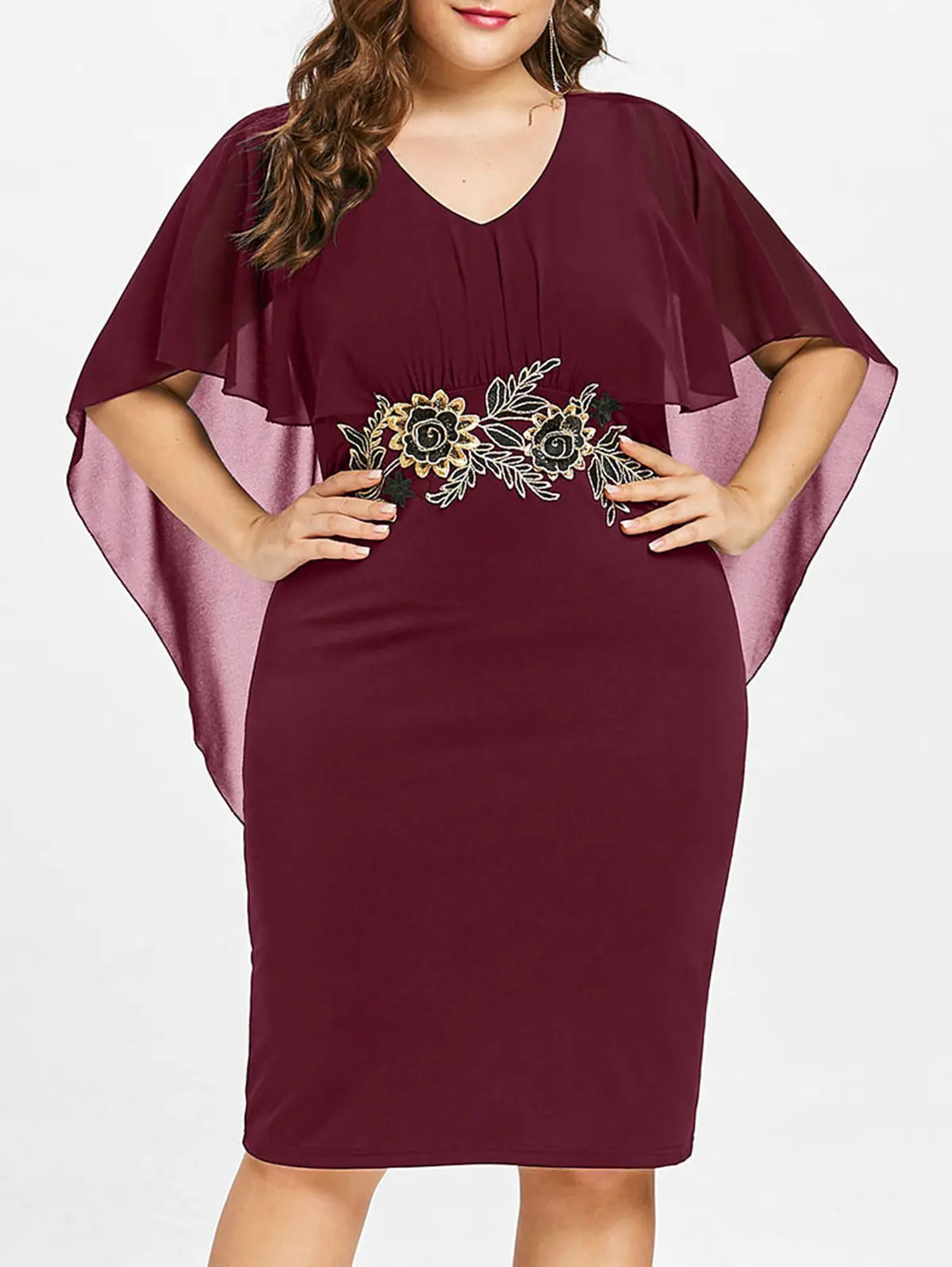 Red Wine Wisalo, женское модное платье размера плюс, 5XL, с вышивкой, полупрозрачное, v-образный вырез, вечерние платья, половина рукава, облегающее платье, Vestidos, большой размер - Цвет: Red Wine