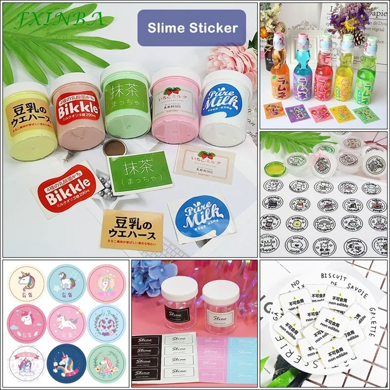 

FXINBA New 6 Types Slime Box Stickers Cartoon Drink Unicorn Containers Storage Sticker Slime Supplies DIY Lizun Decoration Tool