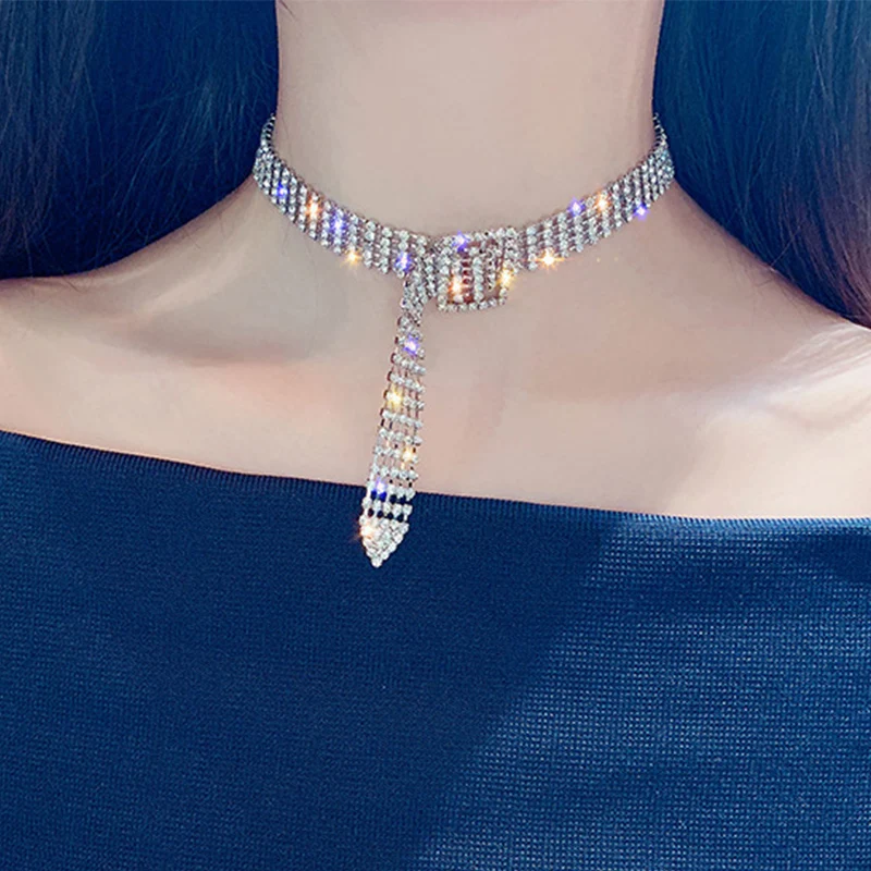 Распродажа полный Чокер-подвеска со стразами для женщин Bijoux Блестящая серебряная Золотая кнопка-застежка Хрустальный пояс ожерелья ювелирные изделия вечерние подарок