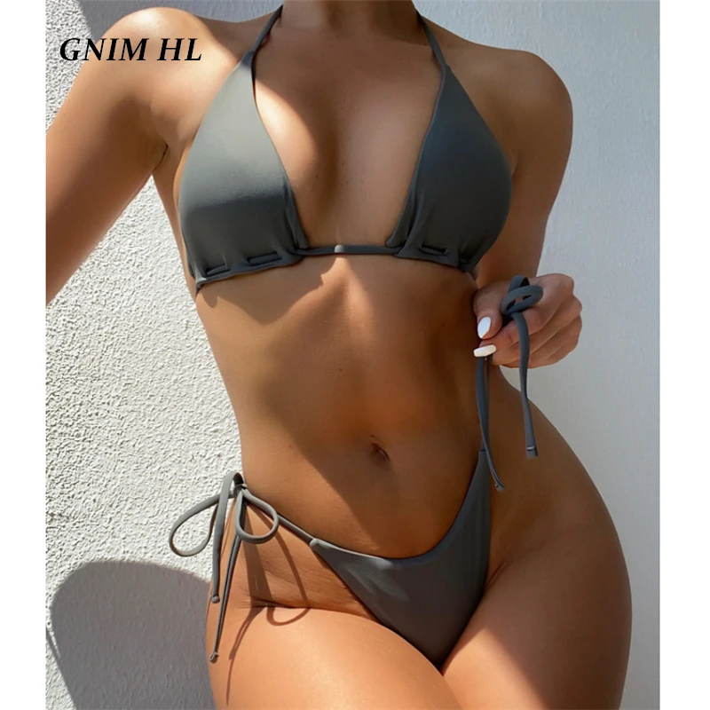 

GNIM Sexy Triangle Bikini Swimwear Women 2021 Summer Solid Bandage Swimsuit Female High Cut Halter Micro Swimming Suit For Women