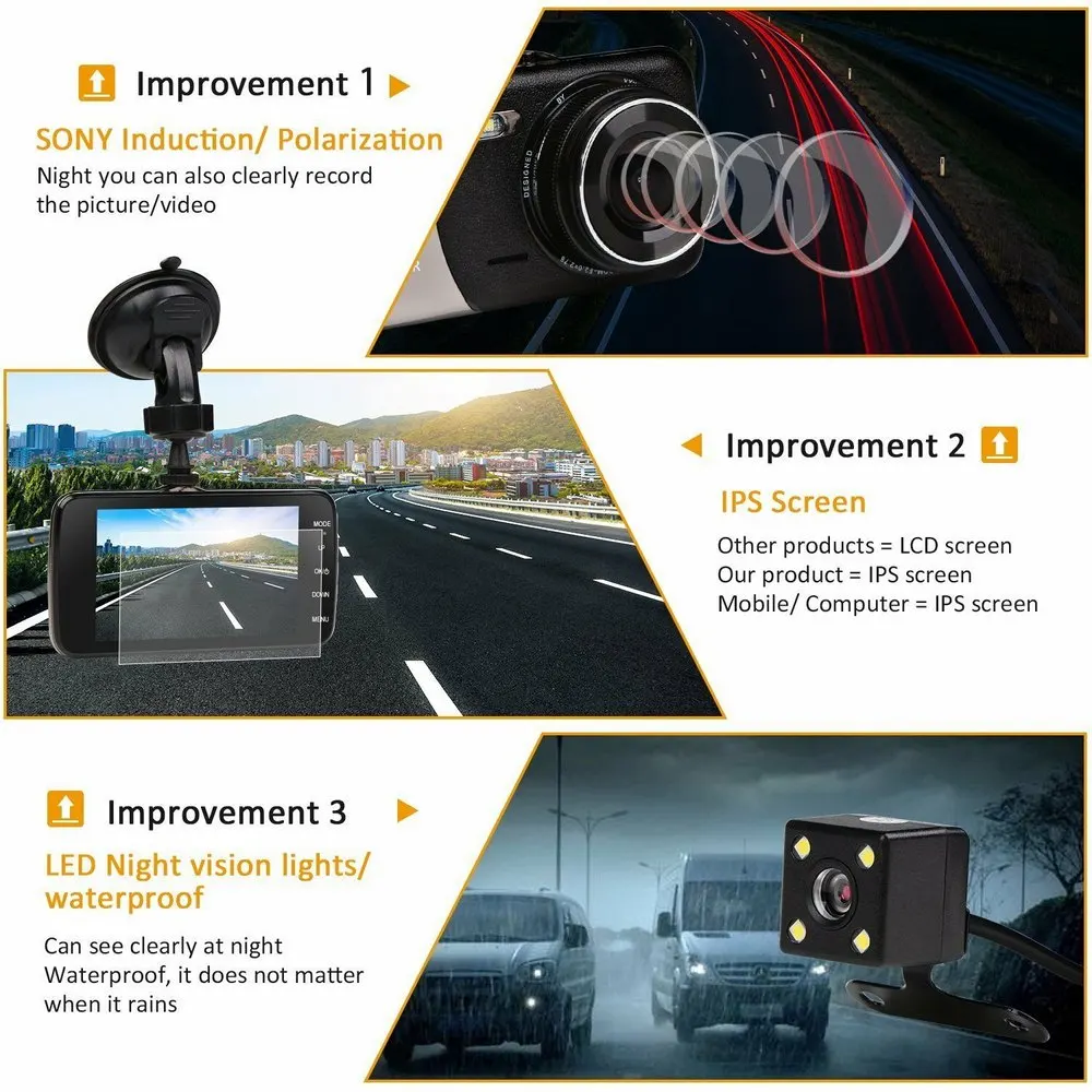 4 ''3,6'' Автомобильная камера с двойным объективом DVR Автомобильный видеорегистратор HD 1080P ips парковочный монитор гравитационный датчик