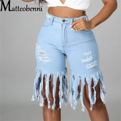 Sexy Ripped Hole Knee Length Tassel Baggy Denim Shorts Women Loose Straight Short Jeans 2021 Summer Shorts Streetwear