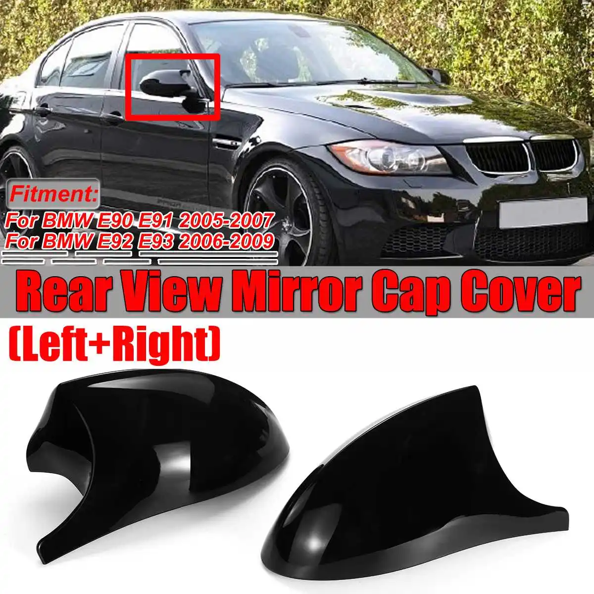 Glossy Black 1 Pair of Side Mirror Cover Cap E90 Exterior Rear View Mirror Rearview for BMW E90 E91 325i 325xi 328i 330i E92 E93 2005-2008 