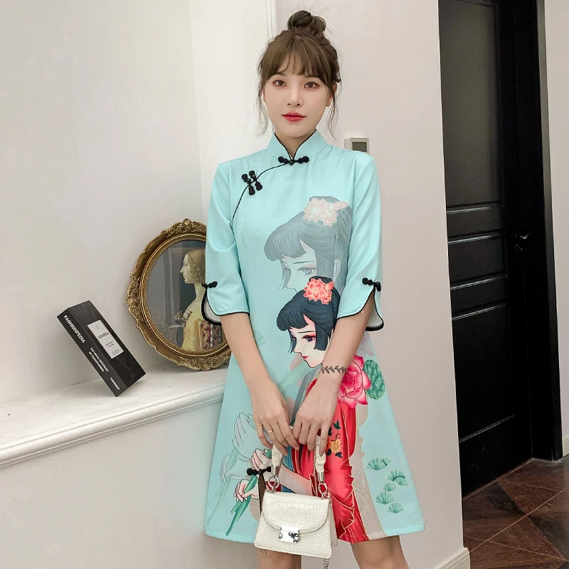 Improved Cheongsam Women Stand Collar Buckle Vintage Print Three-quarter Sleeve Chinese Style Split Fork Mini Dress Ladies Qipao 3