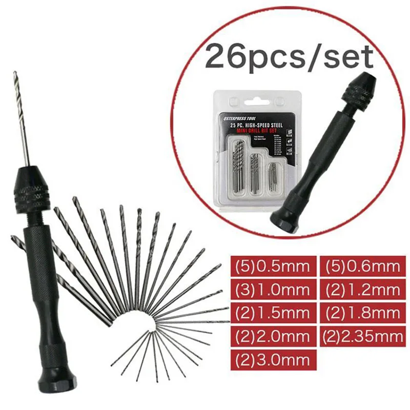 26PCS Ручная дрель 0,3-3,4 мм, ручная дрель, ручная дрель, мини ручная дрель, 10/25 шт., сверло, ручное сверление, набор инструментов, Дырокол - Цвет: 26PCS