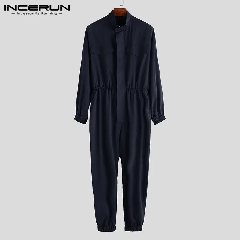 INCERUN Mens Rompers Jumpsuit Long Sleeve Zippers Joggers Solid Casual Pants Stylish Cargo Overalls Men Streetwear Hombre - Color: Navy
